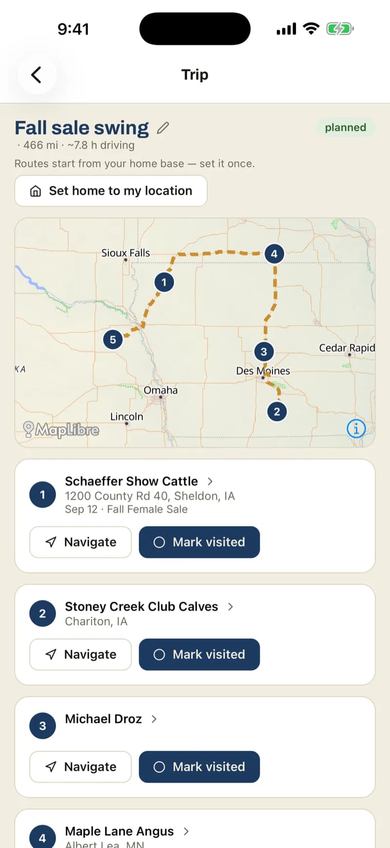A ShowNav trip planner: a dashed gold optimized route across numbered stops labeled 'Test Trip · 233 mi · ~4.4h driving', with ordered stop cards offering Navigate and Visited.