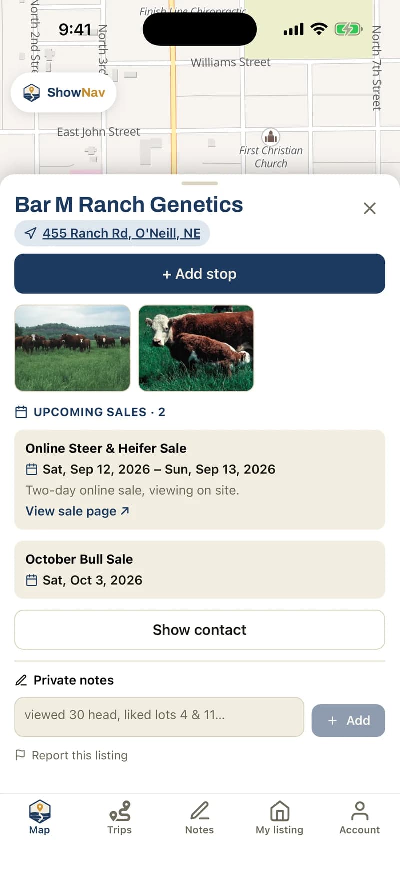 A ShowNav listing for Bar M Ranch Genetics in O'Neill, Nebraska — herd photos and two upcoming sales, an online steer and heifer sale on September 12–13 and an October bull sale, each with its own date.