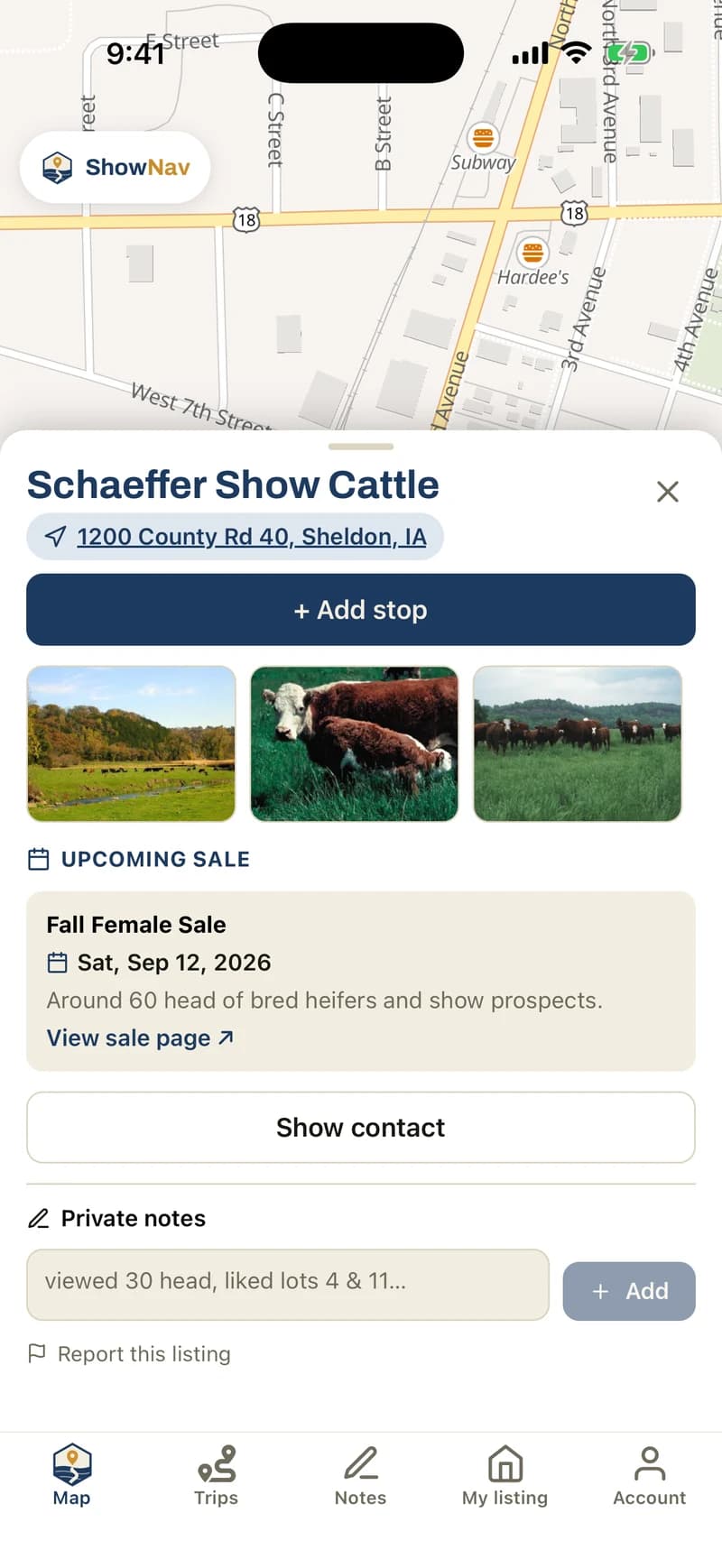 A ShowNav listing for Schaeffer Show Cattle in Sheldon, Iowa — pasture photos of the herd, an upcoming Fall Female Sale on September 12 with around 60 head of bred heifers and show prospects, and a private note.