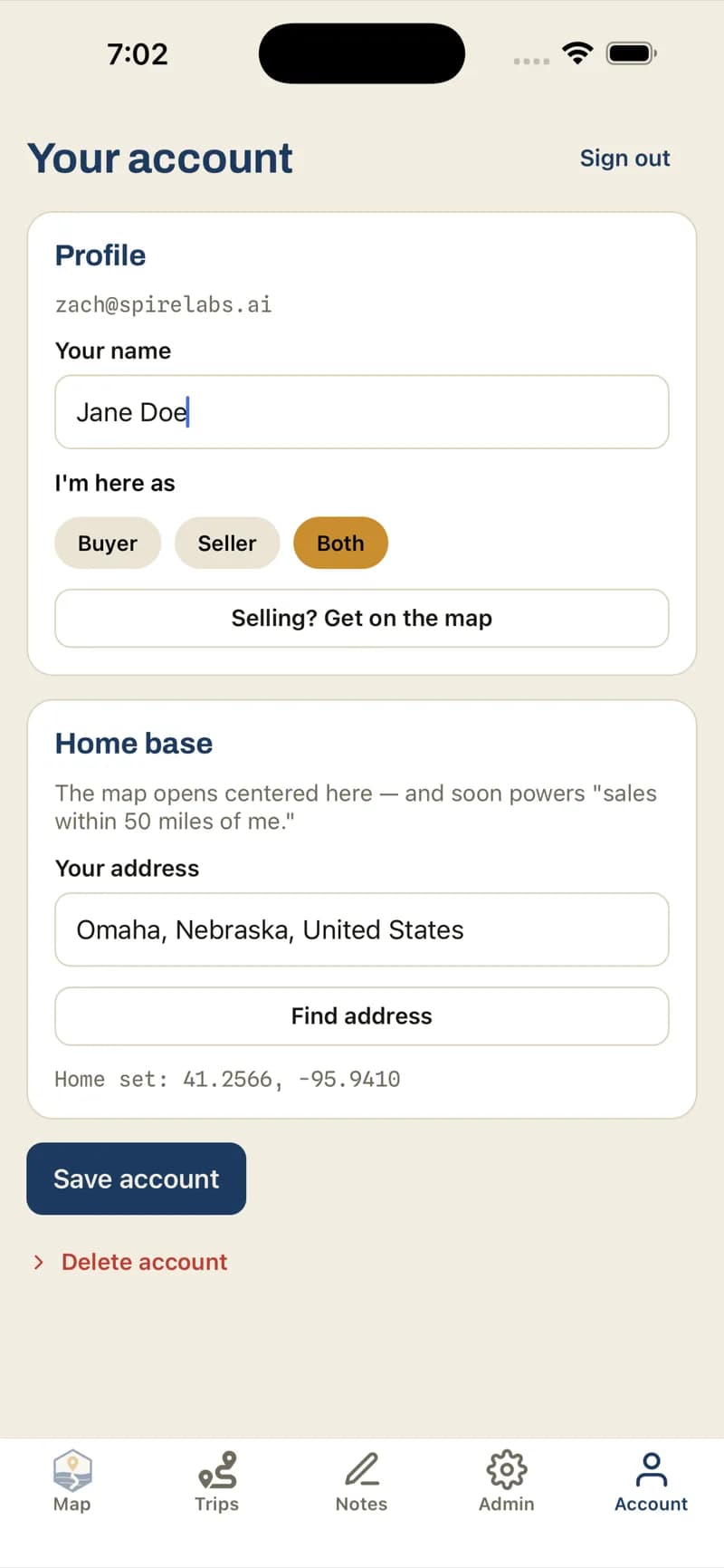 The ShowNav account screen with a Buyer / Seller / Both role toggle and a home-base field.