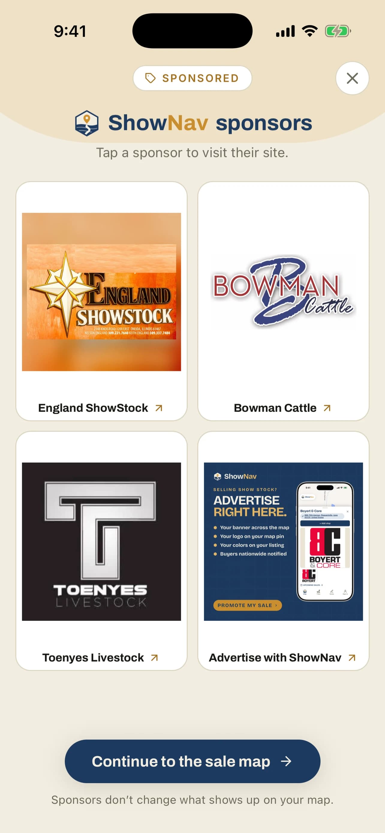 The ShowNav sponsor page as buyers meet it on opening the app — four sponsor tiles, each an operation's logo, above a button through to the sale map.